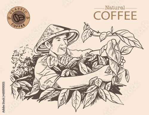 Banner and brochure template of coffee tree and farmer on sketch ink drawing for label packaging, sticker, poster, promotion, banner, t-shirt, tote bag, stamp.