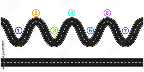 Route infographic template. Winding asphalt road map . Vector illustration. EPS 10.