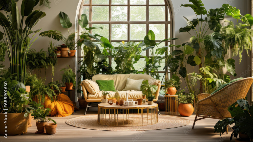 Interior of minimalist living room with green houseplants and sofas Interior of minimalist living room with green houseplants and sofas