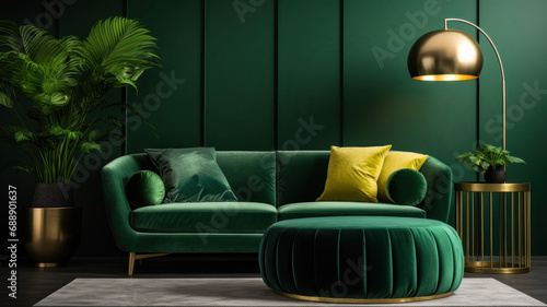 Luxury living room house  modern interior design, green velvet sofa, coffee table, pouf, gold decoration, plant, lamp, carpet, mock up poster frame elegant accessories. Template photo