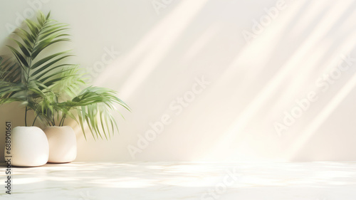 Minimalistic light background with blurred Monstera Deliciosa plant pot shadow on a light wall. Beautiful background for presentation with with marble floor photo