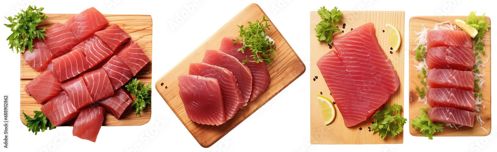 Raw slices of fish, Tuna sashimi on a wooden board, top view Raw slices of fish, Tuna sashimi on a wooden board, top view