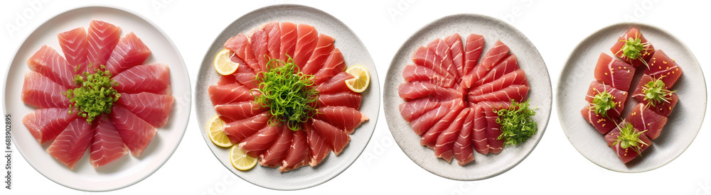Raw slices of fish, Tuna sashimi on a plate, top view