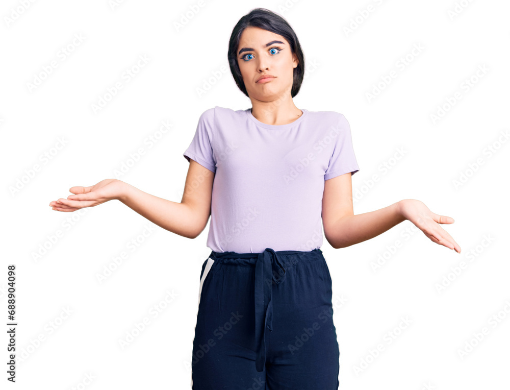 Brunette teenager girl wearing casual clothes clueless and confused expression with arms and hands raised. doubt concept. Brunette teenager girl wearing casual clothes clueless and confused expression with arms and hands raised. doubt concept.