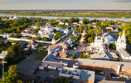 Aerial view of Russian city of Murom along bank of Oka River with Trinity convent and Annunciation Monastery