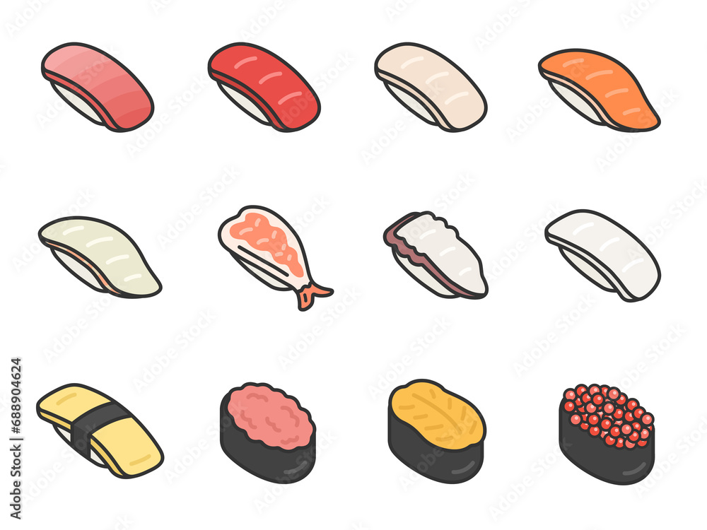 いろいろな、寿司のアイコン（線画カラー）のイラストセット
