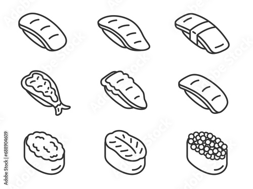 いろいろな、寿司のアイコン（線画）のイラストセット photo