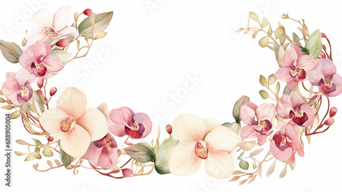 Watercolor floral frame wreath with gold orchid, cherry blossom, cotton head, palm leaves, beige rose color on white background.