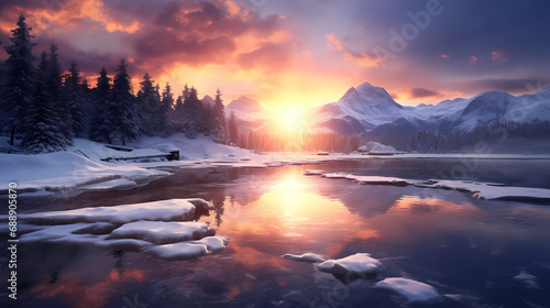 Landscape of a sunrise or sunset in the middle of a snowy expanse © ginstudio
