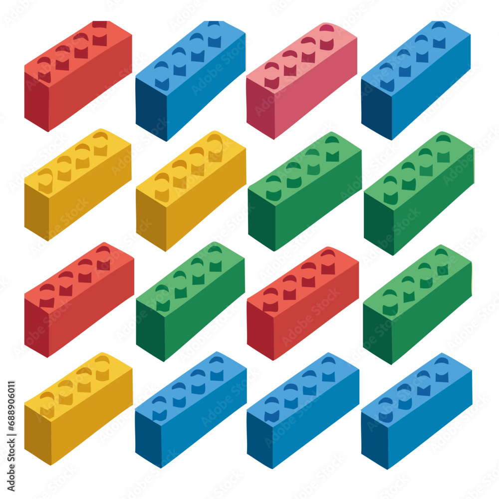 Simple pattern of building block, bricks for children. Vector isometric illustration. Colored