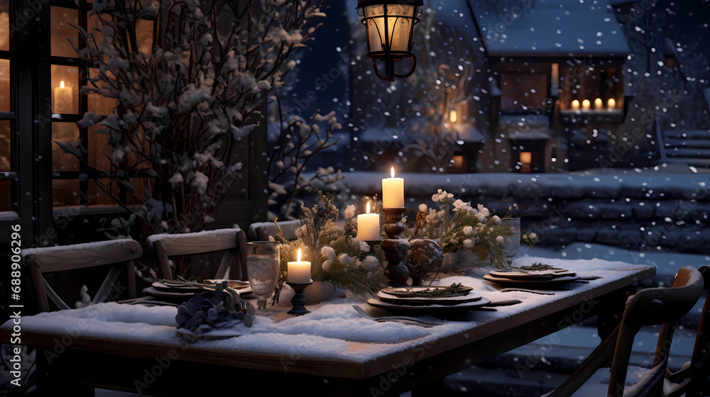Outdoor dining table with candles in the midst of snow