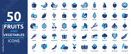Fruits and vegetables icon set. Containing apple, banana, orange, carrot, grape, strawberry, tomato, watermelon, spinach, broccoli, mango and more. Solid vector icons collection.