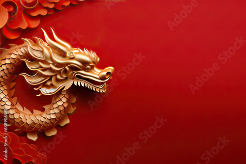 golden crystal dragon on red background, lunar new year 2024, with copy space area photo