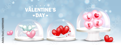 Set of glass dome decorative with hearts balloons on blue background. Valentine elements design. Vector illustration.