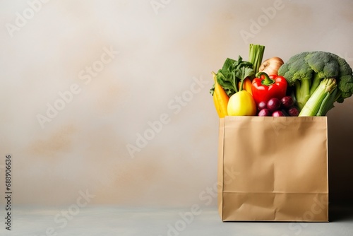 fresh food in a paper bag, copy space , generative ai