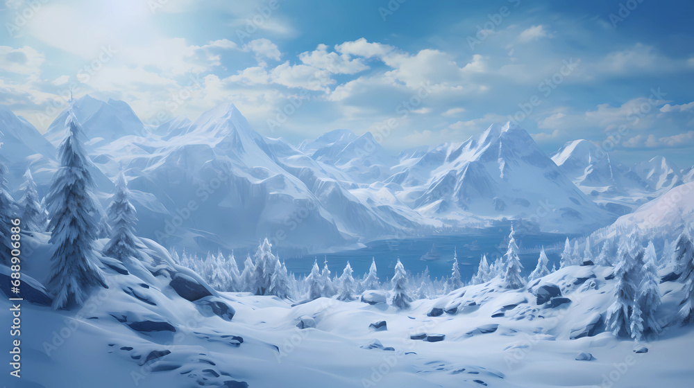 snow-covered landscape featuring trees and mountains