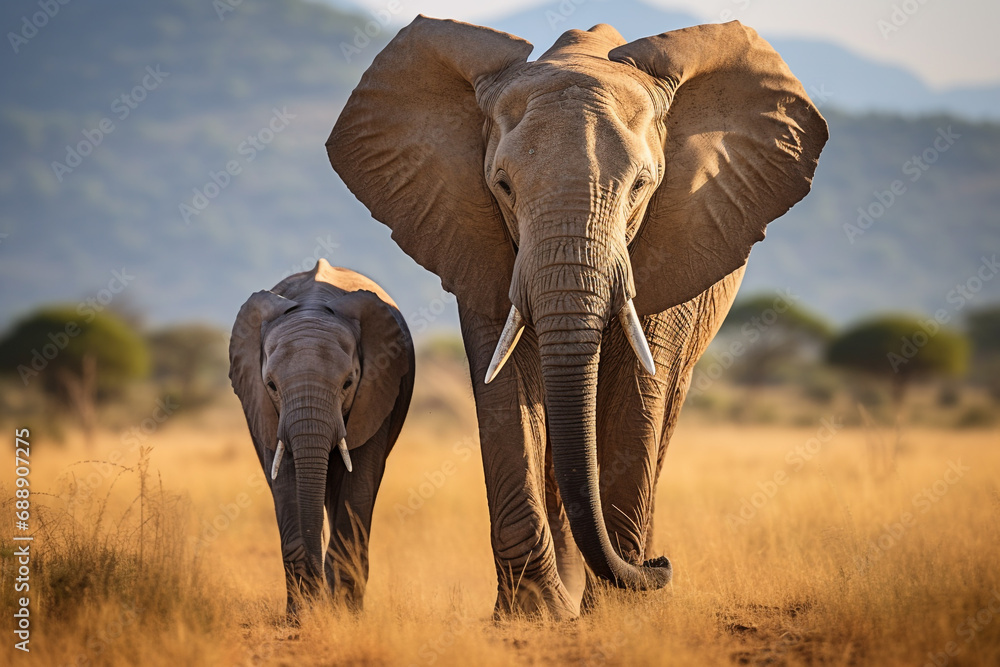 Obraz premium Mom and baby African elephant walking together in field