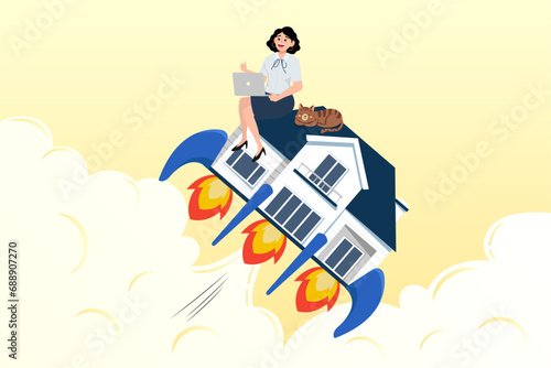 Productive woman worker using laptop on flying house with rocket booster, boost productivity working from home, motivation to increase efficiency working at home in COVID-19 lock down (Vector)