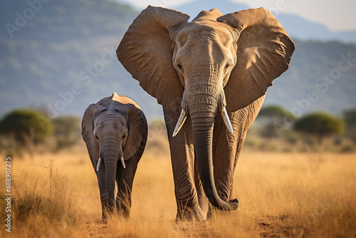 Mom and baby African elephant walking together in field