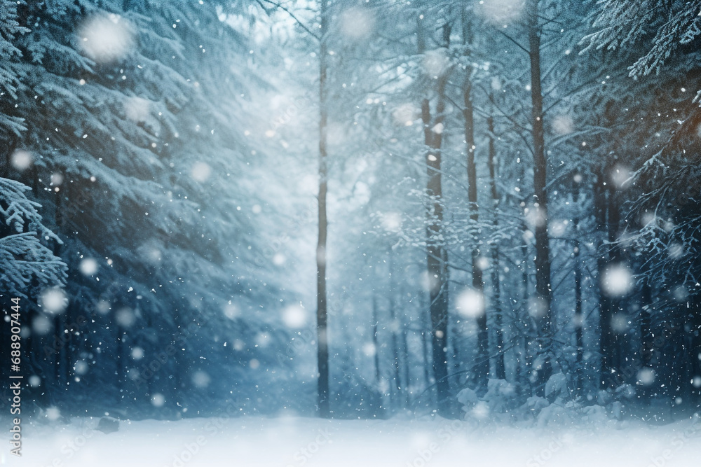 Naklejka premium Snowing with forest trees background