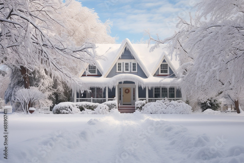 Snow in front of modern home in winter.