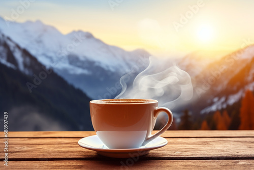 Coffee cup on wooden table with snow mountain background