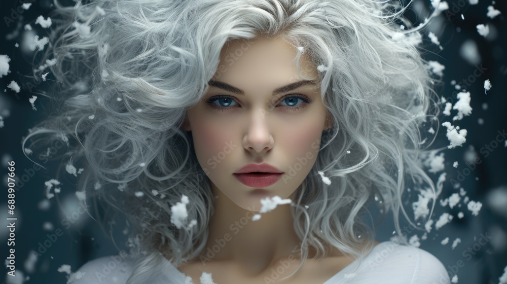 Winter beautiful woman with snowflakes near head