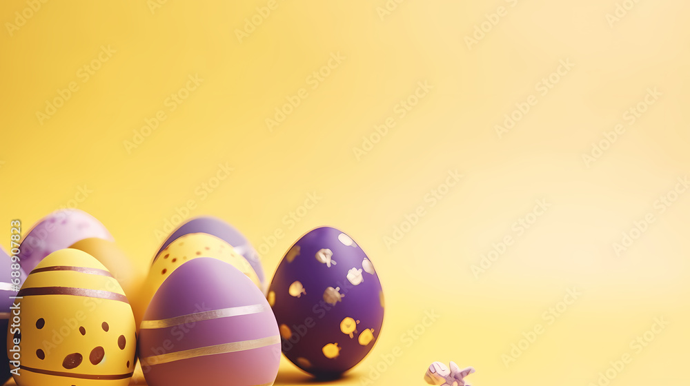 painted easter purple eggs with ornament and decor on pastel background. copy space painted easter purple eggs with ornament and decor on pastel background. copy space