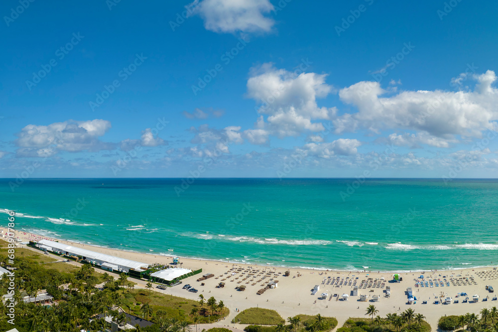 Miami Beach is popular vacation spot in southern Florida. Sandy beach surface and tourist infrastructure
