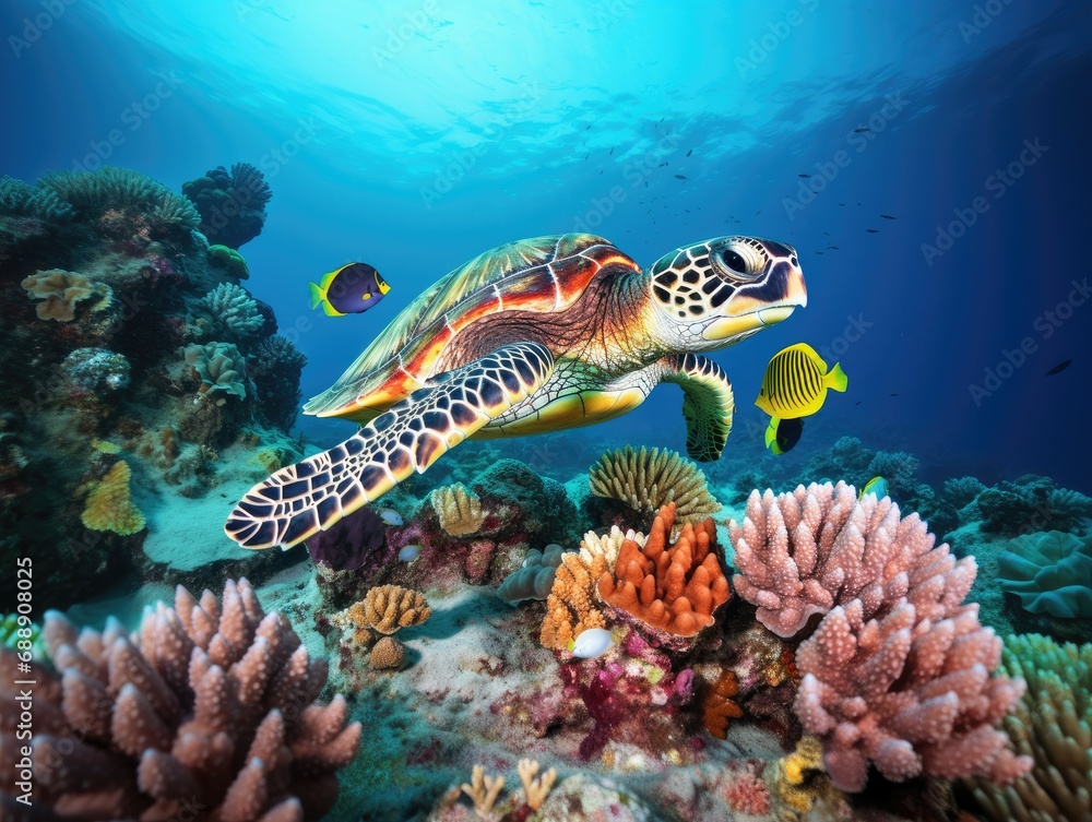 Image of a vibrant coral reef teeming with colorful fish and sea turtles, showcasing marine biodiversity for National Wildlife Day Image of a vibrant coral reef teeming with colorful fish and sea turtles, showcasing marine biodiversity for National Wildlife Day