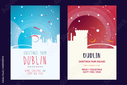 Dublin city poster with Christmas skyline, cityscape, landmarks. Winter Ireland megapolis town holiday, New Year vertical vector layout for brochure, website, flyer, leaflet, card