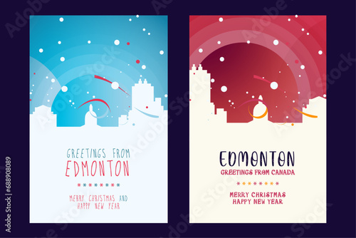 Edmonton city poster with Christmas skyline, cityscape, landmarks. Winter Canada Alberta province megapolis town holiday, New Year vertical vector layout for brochure, website, flyer, leaflet, card