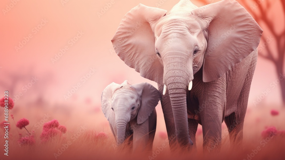 majestic elephant with its calf, set against a soft pink background, highlighting the gentle nature of these giant creatures majestic elephant with its calf, set against a soft pink background, highlighting the gentle nature of these giant creatures