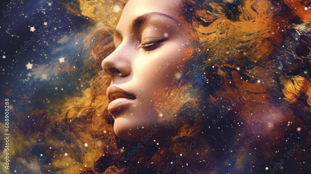 woman's face artistically merged with a cosmic background, symbolizing the balance of the spring equinox woman's face artistically merged with a cosmic background, symbolizing the balance of the spring equinox