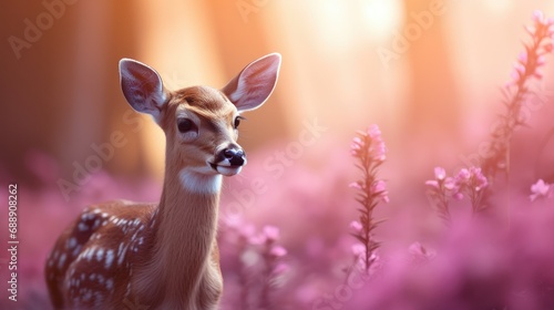 serene deer in a forest clearing, with a dreamy, soft-focus pink background that adds a touch of magic 