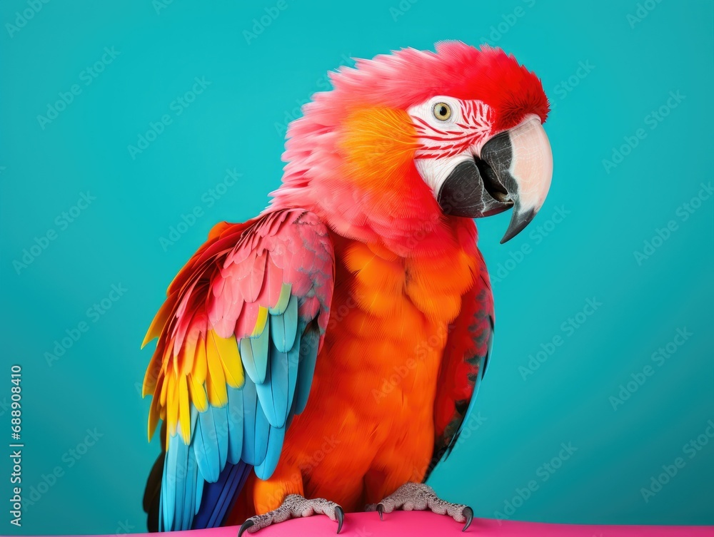 Obraz premium Vibrant Macaw Parrot on Pink Perch Against Teal Background