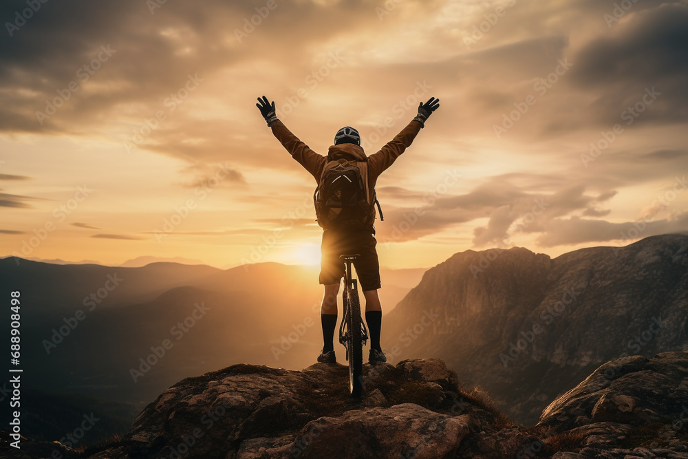 Man stand by bicycle and rising hands up on the mountain
