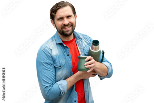 Casually dressed Argentinian with thermos and mate in hand. Real representation of Argentine people.