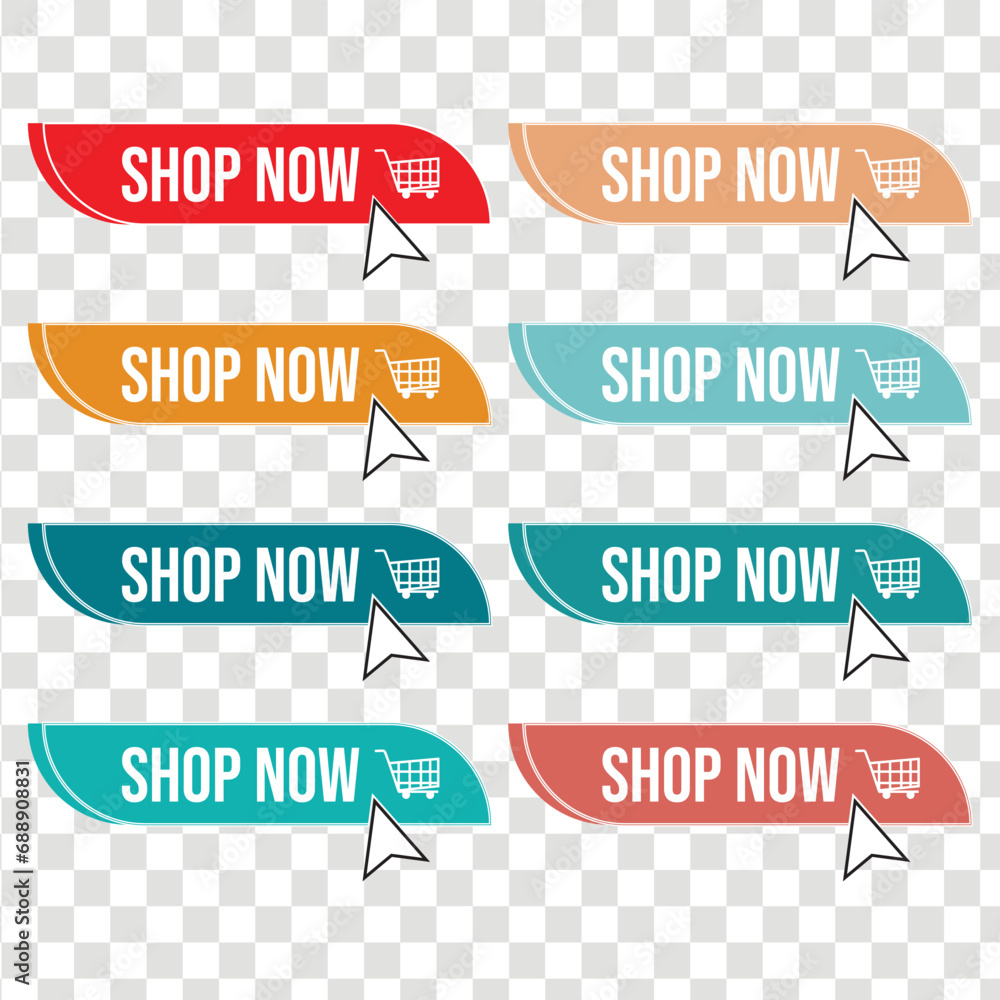 Shop now button with shopping cart. Modern collection for web site. Online shopping. Click here, apply, buttons hand pointer clicking. Web design elements. Vector illustration