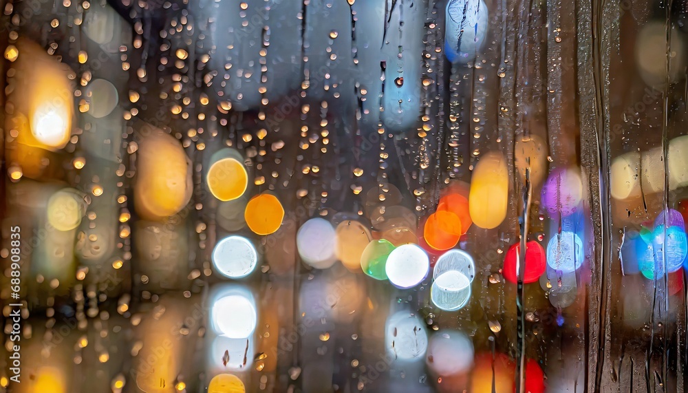 A background filled with colorful light beyond a glass window with raindrops falling