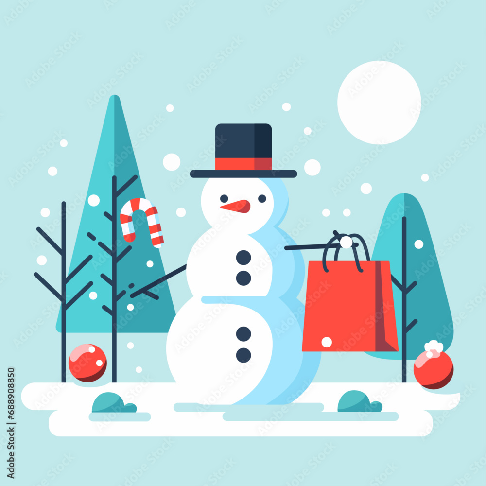 Φωτογραφία Winter sale illustration with snowman carrying shopping bags in snowy nature