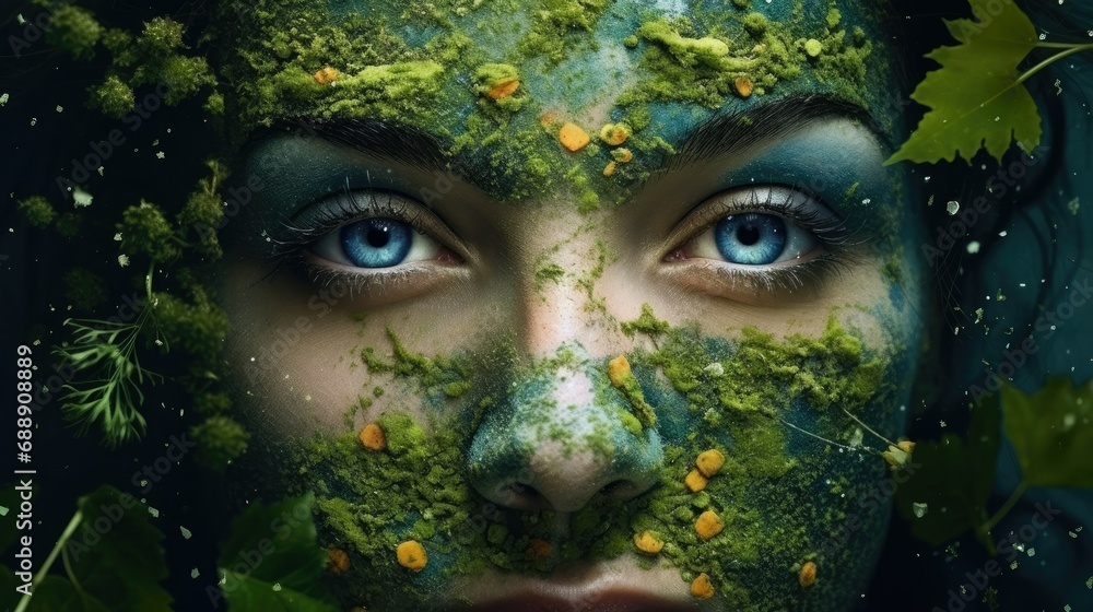 a woman with elements of the galaxy reflected in her eyes, representing the awakening of nature during the spring equinox