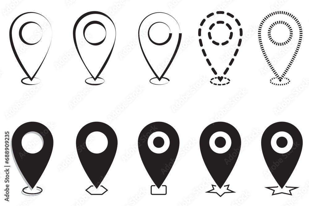 Set of map pin symbols and many formats. Black check-in point mark and outline on white background.