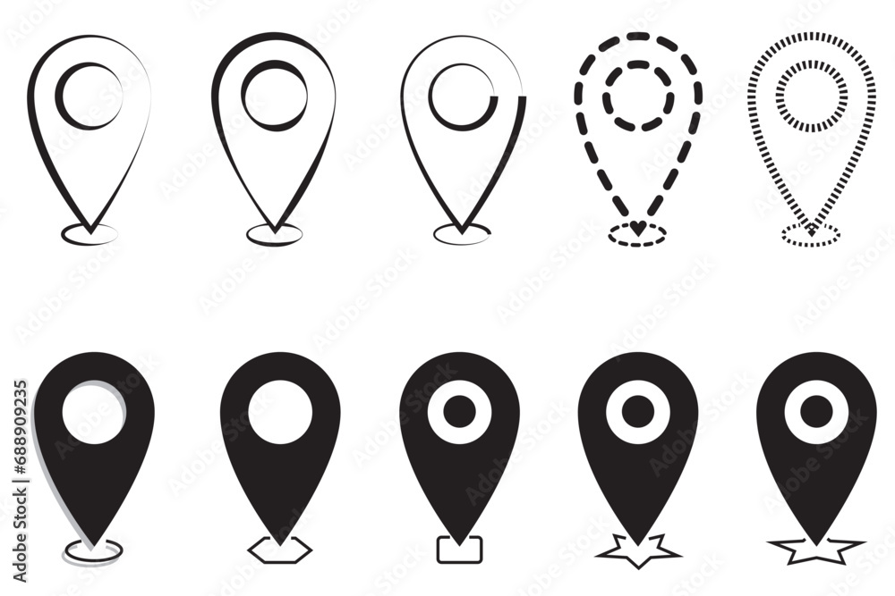 Set of map pin symbols and many formats. Black check-in point mark and outline on white background. Set of map pin symbols and many formats. Black check-in point mark and outline on white background.
