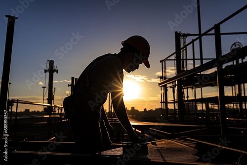 worker in silhouette carrying equipment at a construction place photo
