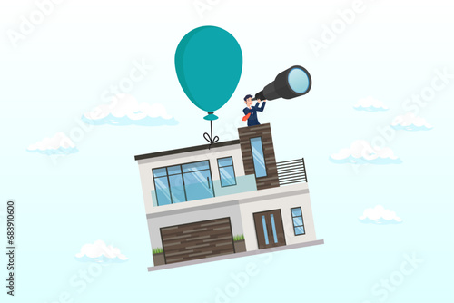 Home owner with telescope on flying house with balloon, house mortgage interest rate rising up, home loan impact from inflation, real estate price bubble or housing investment opportunity (Vector)