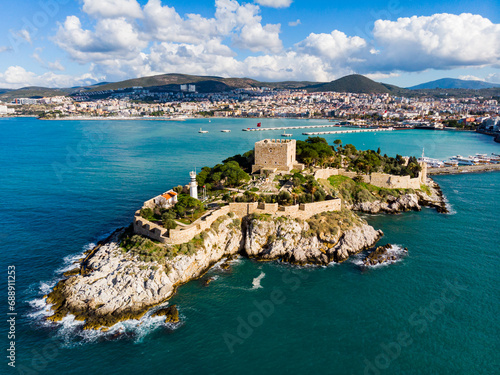 Aerial view of Kusadasi fort in Aydin province in summer sunny day, Turkey