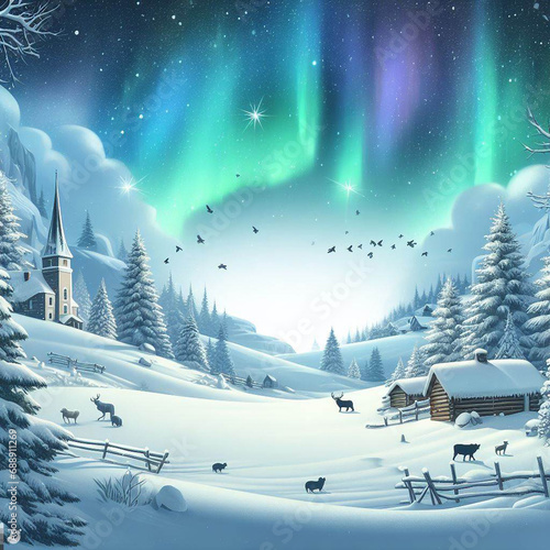 Winter Christmas landscape. Illustration for greeting cards, wallpapers, websites and much more. Created using generative ai tools.
