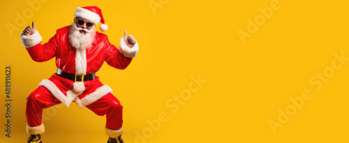 Portrait of funny crazy hipster Santa Claus in red hat fun Christmas x-mas party celebrate New year time dance on yellow background. © JuliaDorian