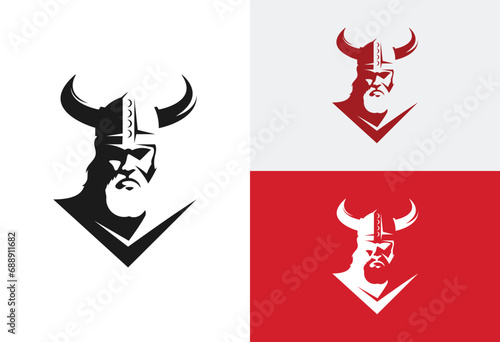 Vikings logo design. Nordic warrior symbol. Horned Norseman emblem. Barbarian man head icon with horn helmet and beard
